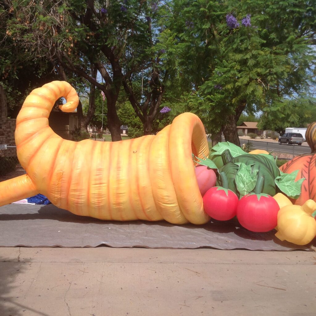 A cornucopia cold-air inflatable photographed from the side